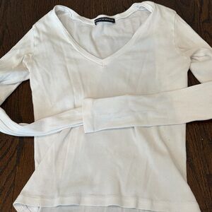 Brandy Melville White Ribbed V-Neck Long Sleeve Top